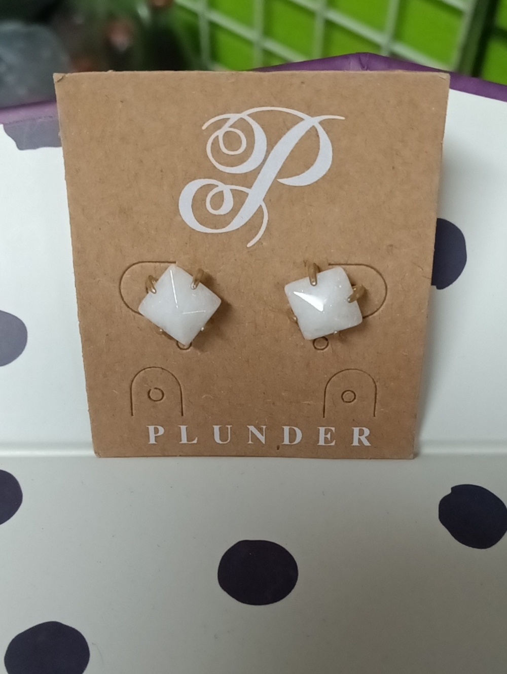 Plunder White Square Stone Stud Earrings
